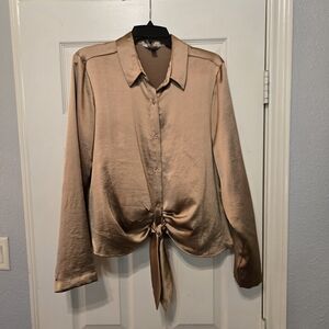 Express Satin Tie-Front Blouse in Beige